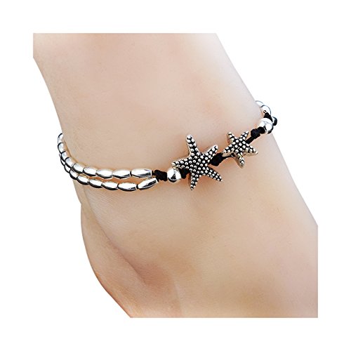Zealmer Layered Starfish Anklet Boho Vintage Barefoot Anklet Bracelet Beach Sandal Feet Chain Jewelry Silver Color with Black Rope
