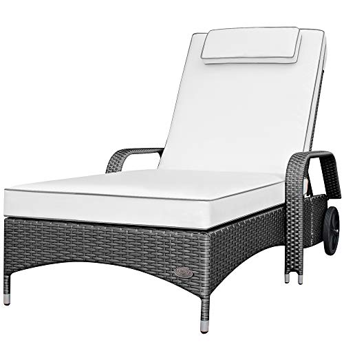 RS Trade Sonnenliege Imola Silber - Outdoor Liege mit beständigem Poly-Rattan-Geflecht - verstellbare Rückenlehne & breite Liegefläche - inkl. Kopfteil und Auflage