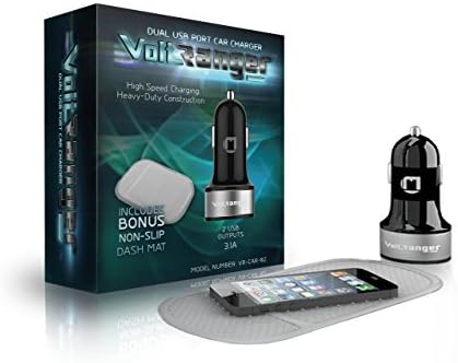 voltRanger 3.1 Amp Dual-USB Car Charger Gift Set Designed for Apple and Android Mobile Devices - Both Black &amp; White Versions Included - Contains Two Units &amp; 2 Bonus Non-Slip Dashboard Mats
