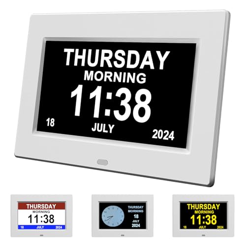 Youyu 7" Dementia Clock for Dementia Sufferers, Digital Calendar & Digital Alarm Clock for Elderly, Dementia Clocks with Days Dates and Time of Day, Remote & HD Picture Frame, White