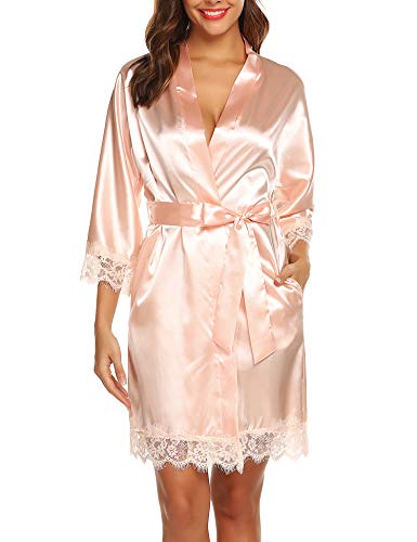 URRU Women Robe Soft Kimono Robes Cotton Bathrobe Sleepwear Loungewear Short Robe Champagne S - Thumbnail 7