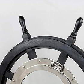 Nagina International 24" Premium Matte Black Solid Wood Pirate's Ship Wheel with 10" Aluminum Polished Porthole Mirror | Captain's Maritime Beach Home Decor 41I0iGcw1mL