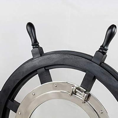 Nagina International 24" Premium Matte Black Solid Wood Pirate's Ship Wheel with 10" Aluminum Polished Porthole Mirror | Captain's Maritime Beach Home Decor 41I0iGcw1mL