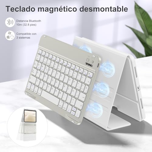drivego Keyboard Case for iPad A16 11th Generation 2025/10th Gen 2022 (11/10.9 Inch), QWERTY Spanish Ñ, Anti-Drop Keys, Detachable Magnetic Bluetooth Keyboard with Pencil Holder, Light Gray