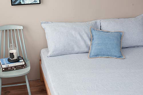 DAPU Pure Stone Washed Linen Sheets Set 100% French Natural Linen European Flax (King, Summer Sky, Flat, Fitted and 2 Pillowcases)