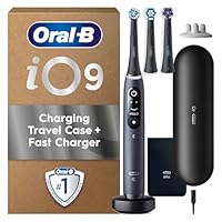 Oral-B iO9 Electric Toothbrush for Adults, Black, App Connected Handle, 7 Cleaning Modes, Includes 3 Brush Heads, Charging Travel Case and Head Holder, Long-Lasting Battery for Home Travel, 2 Pin Plug