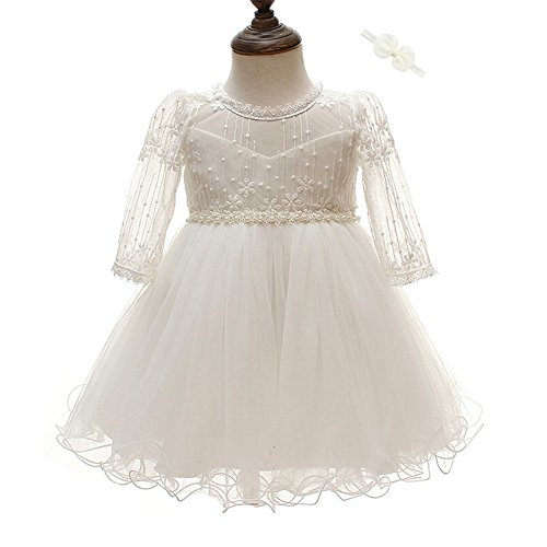 Moon Kitty 2PCS Baby Girls Dresses Christening Baptism Gowns Formal Dress Cream White 3M/0-5Month