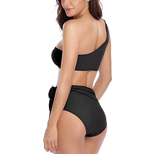 Advoult High Waist Bikini Sets for Women Two Piece Fashion Swimsuit One Shoulder Bathing Suits Swimwear Black - Thumbnail 2