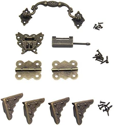 Retro Type {Hardware} Units, 1Pc Cupboard Deal with 106x42mm, 1Pc Vintage Buckle Butterfly Latch Hasps 45x37mm, 1Pc Chinese language Lock, 2Pcs Bronze Hinge 40x33mm, and 4Pcs Field Nook Protectors 31x31mm, Screws