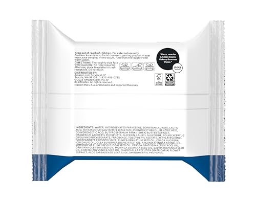 AMAZON BASICS MAKEUP REMOVER WIPES, GENTLE FACIAL CLEANSING, DERMATOLOGIST TESTED, ORIGINAL, PLANT-BASED, ALCOHOL-FREE, REMOVES WATERPROOF MASCARA, 25 COUNT, 1-PACK