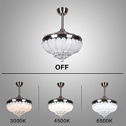 Crystal Ceiling Fan with Lights and Remote, Retractable Blades Ceiling Fan 3 Colors 3 Speeds Dimmable with Silent Motor Modern Chandelier Fan, Crystal Ceiling Fandelier for Bedroom Living Room 42 Inch