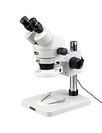 AmScope SM 1BSX 64S microscopio binocular profesional con aumento estereoscópico, oculares WH10x, aumento 3.5X 45X, acercamiento del lente 0.7X 4.5X, foco con 64 LED, columna de soporte, 110 240 voltios, incluye un lente Barlow de 0.5x