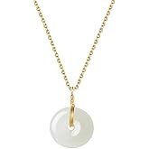 Ezindraw Natural White Jade Donut Necklace for Women, Green Healing Gemstone Pendant Choker, Gold Plated Circle Pendant with Good Luck, Gift for Women, Mom, Length adjustable, 18''