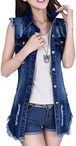 Dasior Women's Distressed Sleeveless Long Denim Cardigan Vest Jean Jacket Plus Size