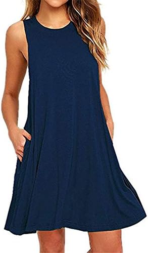 Maritchi Women's Sleeveless Pockets Casual Swing T-Shirt Dresses (L(US 12-14), Navy Blue)