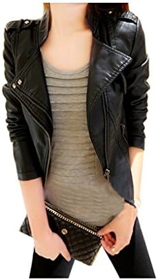 ARJOSA Women’s Faux PU Leather Pockets Zip-Up Slim Fit Blazer Jacket (L)