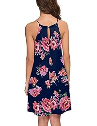 Feiersi Vestido de dama con cuello de cabestro, estampado bohemio, sin mangas, casual, vestido de playa corto