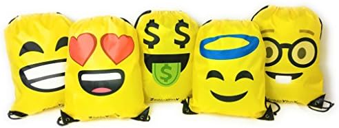 Emoji Bag for Kids (Boys and Girls), Drawstring Backpack for School, Gym, Sports, Games, Toys, Travel, Gift, Birthday Party Favor, Smile, Unisex, Set of 5 Bags