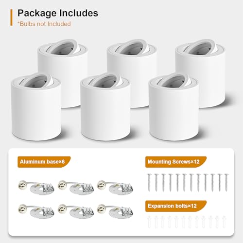 YindaLux Pack of 6 Surface-Mounted Spotlights, White, 30° Swivelling Surface-Mounted Spotlight with GU10 Socket, Diameter 80 x 84 mm, Aluminium Surface-Mounted Ceiling Spotlights, 230 V Surface Mounted Light for Bedroom, Office, Hotel, Round (without GU10 Lamp)