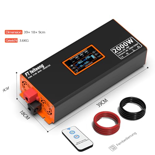 48 V 2000 W Inverter 48 V to 230 V Pure Sine Wave Voltage Converter with LCD Display 2 EU Sockets and 4 USB Type-C Ports Converter Remote Control for Motorhome Car Camping