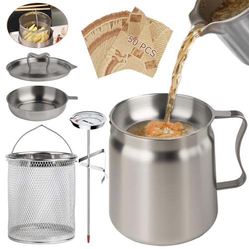 2L Oil Filter Pot Bacon Grease Saver with Strainer, 68oz Steel Pour Fryer Large Capacity Bacon Grease Container with Cooking Thermometer & 50 Wax Papers Stainless Steel for Kitchen Camping