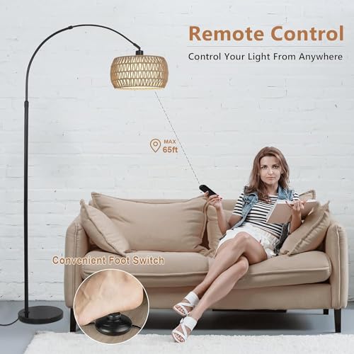 Homodoskey Arc Floor Lamp for Living Room with 3 Color Temperatures,Floor Lamps with Remote & Dimmable Bulb, Boho Standing Lamp with Rattan & Fabric Shade, Adjustable Tall Lamp for Bedroom, Office (A)