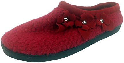 Country Door Flower Style Red Fleece Bootie Slipper with Velvet Trim and Flower Detail Size Large
