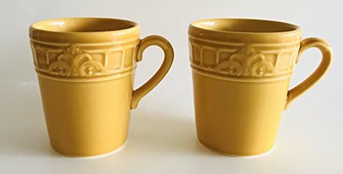 Golden Yellow With White Raised Design Set Of 2 Mugs | Made In Portugal | Holds 10 Ounces | 3.5 inches x 4 inches