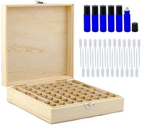 Wooden Essential Oil Box w/ 6 10ml Cobalt Blue Rollon Bottles and 25 Pipettes - Box Holds 52 5-15 ml & 6 10ml Roll-On Essential Oil Bottles - Perfect Essential Oils Case for Home and Travel