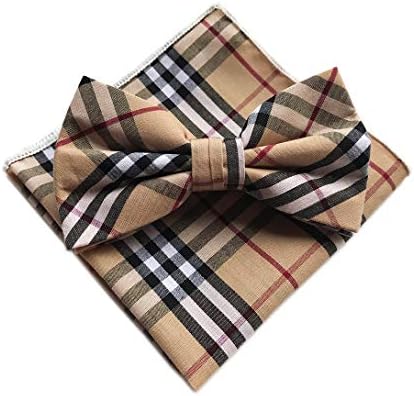 Men's Boys Pre-Tied Tartan Plaid Bow Tie Set Cotton Checks Tuxedo Bowties and Pocket Square Set