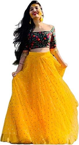 Urchit Enterprise Women's Heavy Net Embroidered Semi Stitched Yellow colour lehenga choli With Satin Blouse Piece (Free Size)