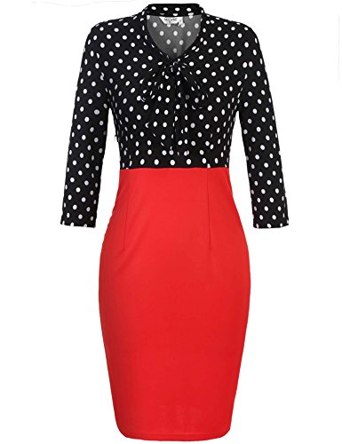 3/4 Sleeve V-Neck Dot Patchwork Package Hip Slim Party Pencil Dress เดรส แฟชั่นชุดทำงาน ANGVNS ผู้หญิง