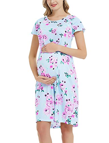 Maternity Labor Delivery Gown Hospital Nightgown Nursing Nightdress with Matching Pillowcase Blue Floral Dress L - Thumbnail 6