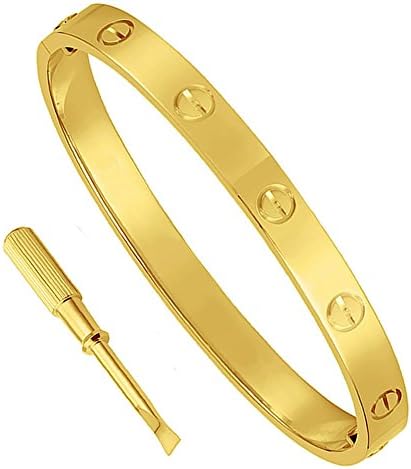 Brand New Stainless Steel Screw Head Design Oval Love Bracelets Bangle for Women Men with Screwdriver Yellow Gold Rose Gold Silver Colors (6.5"inches yellow gold No stone)