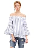 SheIn Women's Off The Shoulder Bell Sleeve Striped Blouse - Dark Blue Small