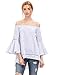 SheIn Women's Off The Shoulder Bell Sleeve Striped Blouse - Dark Blue Small