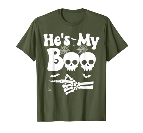 He's My Boo Skeleton Couples Matching Couple Halloween T-Shirt, Men, Olive Gree…