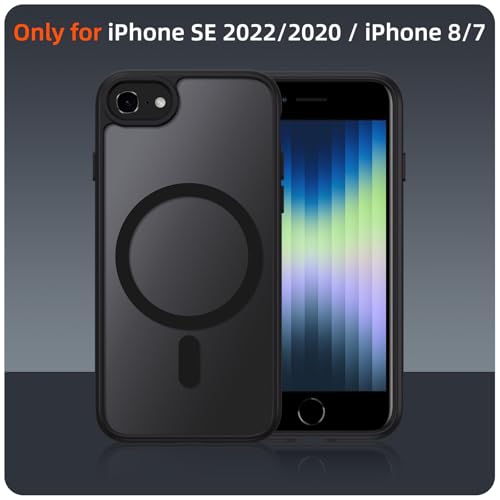 Oelrstfe Case for iPhone SE 3/2 (2022/2020) iPhone 8/7 Compatible with MagSafe with 2 Tempered Glass, Magnetic Translucent Matte Back Cover, Protective Lens Slim Shockproof Case, Black