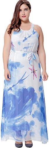 ONECHANCE Women Chiffon Sleeveless Floral Print Bohemia Long Dresses Plus Size