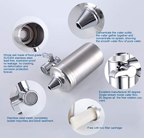 ESOW Faucet Mount Water Filter, SUS304 Stainless Steel Reduce Chlorine,Lead,BPA Free, Water Purifier with 7-Layer UF+ACF Filtration System, Fits Standard Faucets, Two Filter Cartridges Included