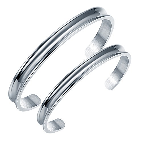 Liuanan 2pcs Stainless Steel Couples Bracelets Curved Groove Cuff Bangle For Women Men (7mm Silver + 10mm Silver)