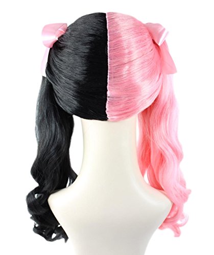 Two Tone Long Curly Ponytail Wigs with Bangs Ribbon Bows for Cosplay Halloween Party Pink and Black - Image 5