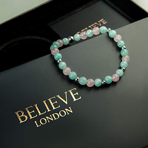 Believe London Aquamarine & Morganite Gemstone Bracelet Healing Bracelet Chakra Bracelet Anxiety Crystal Natural Stone Men Women Stress Relief Reiki Yoga Diffuser Semi Precious - Thumbnail 2