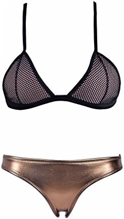 OYMMENEY Women Two Piece Hot Spring bathing Swimsuit Wet Swimwear Neoprene Bikini, Gold, XL(US8-10)