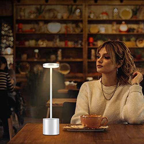 HYMZP Wireless Table Lamp, 5000 mAh Rechargeable LED Table Lamp, Dimmable, Metal Lamp, for Dining Room, Bedroom, Outdoors (Silver)