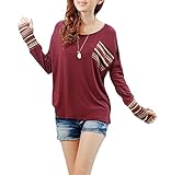 Amstt Women Long Sleeve O-Neck Pocket Patchwork Casual Loose T-shirt Blouse Tops