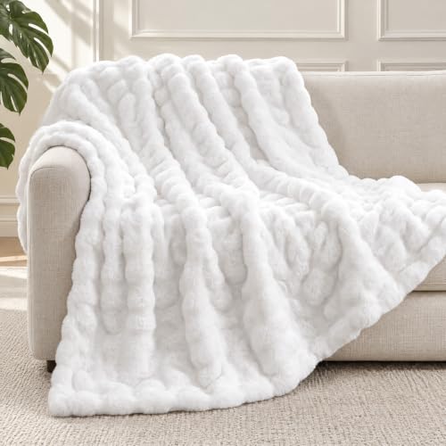 puredown®Faux Rabbit Fur Bubble Throw Blanket for Couch, 50"x60" White at Amazon