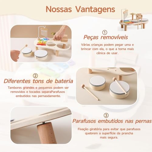 Conjunto de Instrumentos 5 em 1 (Incluindo Pratos), Conjunto de Instrumentos de Percussão, Conjunto de Tambor de Madeira, Kit Musical de Mesa de Madeira Premium, Xilofone