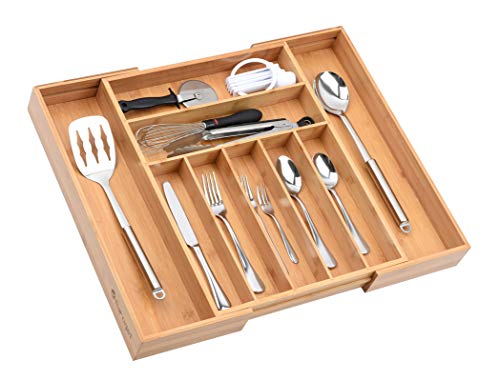 Baroget Premium Bamboo Kitchen Drawer Organizer(Expandable Tray) | Large, Extra Deep | 9 Compartments Store Silverware & Utensils, Cutlery Tray, Organic Bamboo