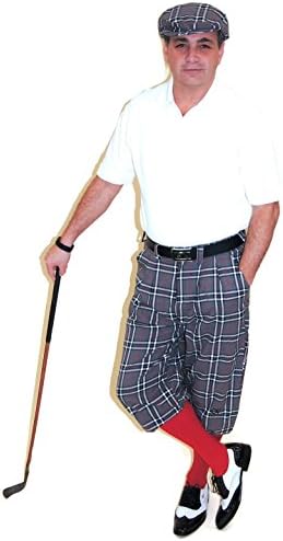 Men's Grey Plaid Knickers, Matching Cap, Red Socks and Polo